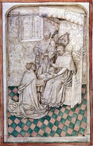 Thomas Bekynton, Obispo de Bath y Wells, recibe a Chaundler, del Misal de Abingdon, 1457-61