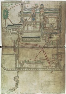 Ms R 171 f.285 Plano de la catedral de Canterbury y del sistema de tuberías, del "Salterio de Eadwine", c.1150 (vitela) de English School