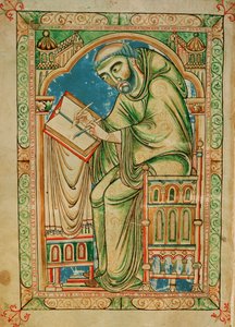 Ms R 17 I f.283v Monje Eadwine trabajando en el manuscrito, Salterio Eadwine, c.1150 (vitela) de English School