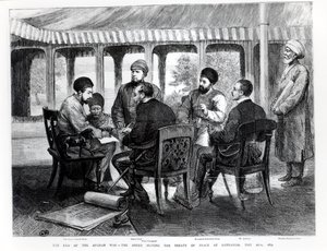 Muhammad Yaqub Khan (1849-1923) firmando el Tratado de Paz en Gundamak el 26 de mayo de 1879 de English School
