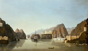 Mascate desde el puerto con una fragata británica anclada, de Dieciséis vistas de lugares en el Golfo Pérsico, por el teniente R. Temple, publicado en 1813