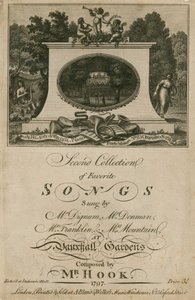 Partitura musical recopilando canciones favoritas cantadas en Vauxhall Gardens, Londres, compuestas por el Sr. Hook de English School