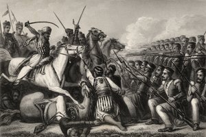 Caballería amotinada atacando una plaza de infantería en la Batalla de Cawnpore en 1857, de 