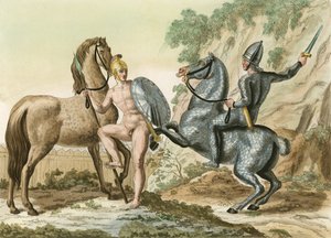 Soldado griego desnudo bajo ataque