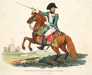 Napoleón Bonaparte, Emperador de Francia, grabado por Romney, publicado por Richard Evans, ilustración de Un relato histórico de la batalla de Waterloo por William Mudford, 1816 de English School