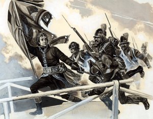 Napoleón liderando su ejército a través del puente en Lodi