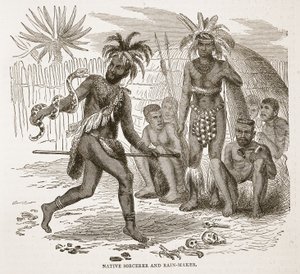 Hechicero y hacedor de lluvia nativo, ilustración de The Pictorial Edition of the Life and Discoveries of David Livingstone por J. Ewing Richie, pub. por A. Fullarton & Co., 1876 de English School