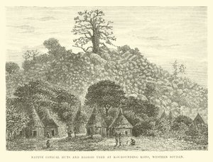 Cabañas cónicas nativas y árbol de baobab en Kourounding Koto, Soudan Occidental