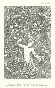 La naturaleza en el ornamento: figura grotesca, Marco Dente da Ravenna (litografía) de English School