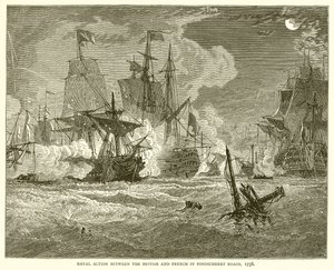 Acción Naval entre los Británicos y Franceses en las Carreteras de Pondicherry, 1758 de English School