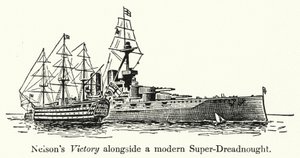 La Victoria de Nelson junto a un Super-Dreadnought moderno de English School