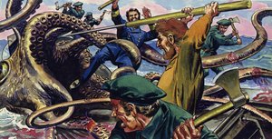 Nemo fue sostenido en uno de los tentáculos de la criatura cuando Land le clavó un arpón de English School