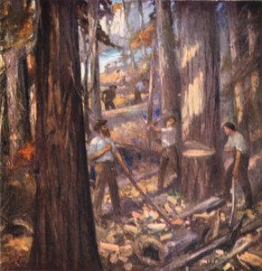 New Brunswick, William Davidson, primer leñador de Canadá, cortando mástiles para la marina británica (litografía en color) de English School