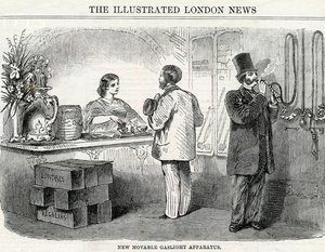 Nuevo aparato de luz de gas móvil, tomado del London Illustrated News de English School