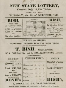 Nueva Lotería Estatal, dirigida por T. Bish, corredor de bolsa, 4 Cornhill y 9 Charing Cross, Londres