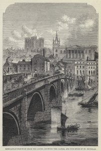 Newcastle-upon-Tyne desde el Sur, mostrando el Castillo y la Aguja de St Nicholas (grabado) de English School