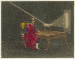 Newton descubre la naturaleza de la luz (grabado en color) de English School