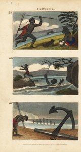 Guerrero Nguni o Bantu (Kaffir) cazando antílopes con lanzas, abandonando a una mujer que se ahoga en un río y adorando un ancla de un barco de las Indias Orientales de English School