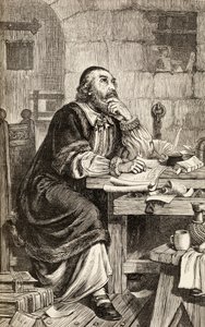 Nicholas Ridley escribiendo cartas en prisión mientras espera su ejecución, c.1865 de English School