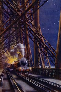 Tren nocturno cruzando el puente Forth, Escocia (litografia en color)