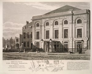 Vista Noreste del Teatro de Surrey, anteriormente El Circo Real cerca del obelisco, Great Surrey Street, 1814 de English School