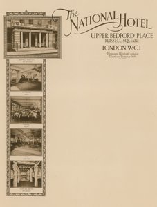 Papel con membrete del The National Hotel, Upper Bedford Place, Russell Square de English School