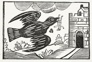 Ahora por un cuervo de gran fuerza, el pobre Tom fue llevado, ilustración de Chap-books del Siglo XVIII de John Ashton, pub. 1882 de English School