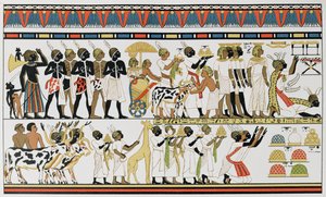 Jefes nubios trayendo regalos al Rey de Egipto, copia de una pintura mural egipcia antigua de una tumba en Tebas, de La Historia de la Humanidad, Vol.III, por Prof. Friedrich Ratzel
