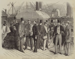 Oficiales para la India embarcando a bordo del Indus en Southampton (grabado)