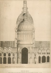 Antigua Catedral de San Pablo; una sección que muestra el Coro con la sugerencia de Sir Christopher Wren para una cúpula de English School