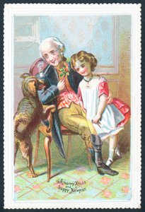 Anciano sentado en silla con niña y perro
