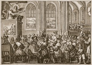 Oliver Cromwell predicando a una congregación puritana, ilustración de The Church of England: A History for the People por H.D.M. Spence-Jones de English School