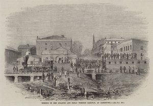 Inauguración del ferrocarril Atlantic and Great Western Railway, en Jamestown (grabado)