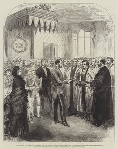 Apertura de la Asamblea General de la Iglesia de Escocia, el Conde de Aberdeen, como Lord Alto Comisionado, recibiendo las llaves de la ciudad de Edimburgo en el Palacio de Holyrood (grabado) de English School