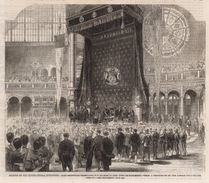 Inauguración de la Exposición Internacional; Earl Granville presentando el discurso al Duque de Cambridge de English School