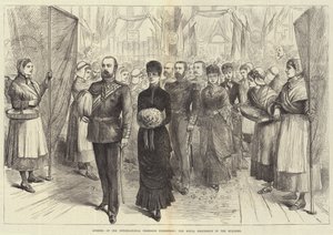 Apertura de la Exposición Internacional de Pesca, la procesión real en el edificio (grabado) de English School