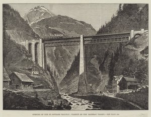 Apertura del ferrocarril de San Gotardo, viaducto en el valle de Maderan (grabado) de English School