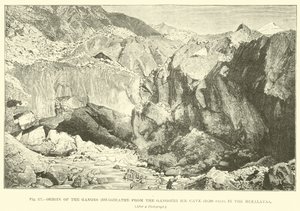 Origen del Ganges (Bhagirathi) desde la cueva de hielo Gangotri (10,300 pies), en el Himalaya