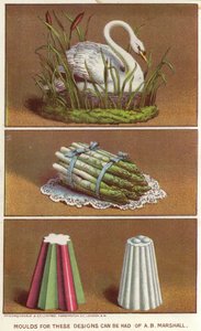 Moldes ornamentales para crear alimentos helados en forma de cisne y un manojo de espárragos (cromolitografía) de English School