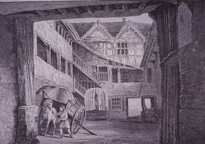 Mozo de cuadra atendiendo a un caballo en el patio del New Inn, Gloucester (xilografía) de English School