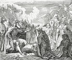 Ottokar II de Bohemia rinde homenaje a Rodolfo I, rey de Alemania en 1276 de English School