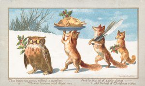 Búho y zorros llevando banquete de Navidad, Tarjeta de Navidad de English School