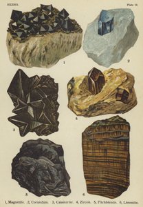 Óxidos, magnetita, corindón, casiterita, circón, pechblenda, limonita (litografía en color) de English School