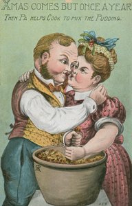 Pa y cocinar, revolviendo el pudín de Navidad (litografía en color)