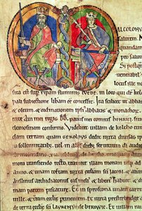Página de la Carta de la Abadía de Kelso con una inicial iluminada que representa al rey David I (1084-1153) y a su nieto Malcolm IV (1141-65) 1159 (vitela) de English School