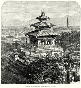 Palacio y templo, Katmandú, Nepal (grabado) de English School