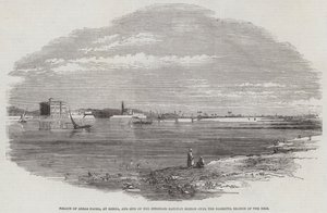 Palacio de Abbas Pacha, en Benha, y Sitio del Puente Ferroviario Planeado sobre la Rama de Damietta del Nilo (grabado) de English School