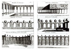 Diseños de empalizadas, de Theory and Practice of Gardening, por Antoine-Joseph Dezallier D