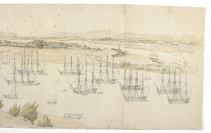 Panorama (mitad derecha) de Whampoa desde la isla Dane, con barcos británicos y estadounidenses en el fondeadero de English School