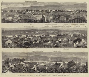 Panorama de los campos de diamantes, río Vaal, Sudáfrica (grabado) de English School